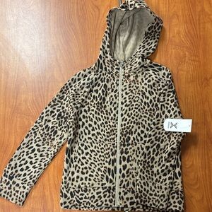 Xersion Leopard Print Hooded Zip Jacket in Beige and Black